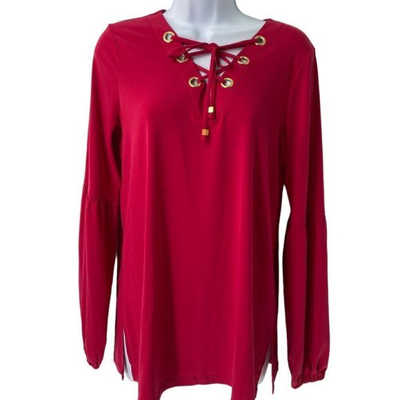 MICHAEL Michael Kors Raspberry Gold Grommet Lace Up‎ Top Blouse S/M - Picture 1 of 12